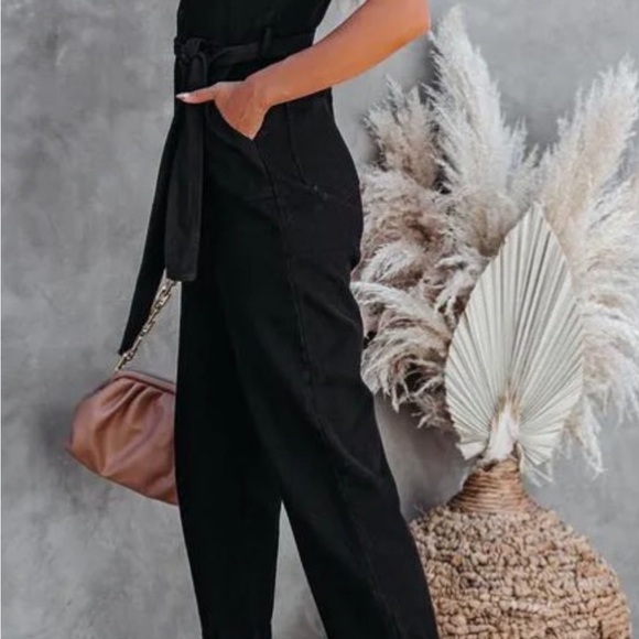 NEW VICI FORE PARK SLOPE BLACK DENIM WAIST TIE JUMPSUIT SZ S - Picture 4 of 8